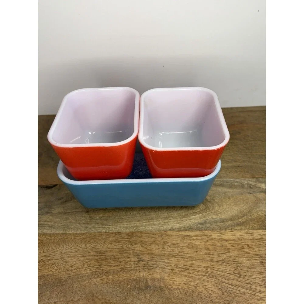 Pyrex Primary Colors 3 Pc Refrigerator Dishes 501 502 Vintage No Lids Red Blue